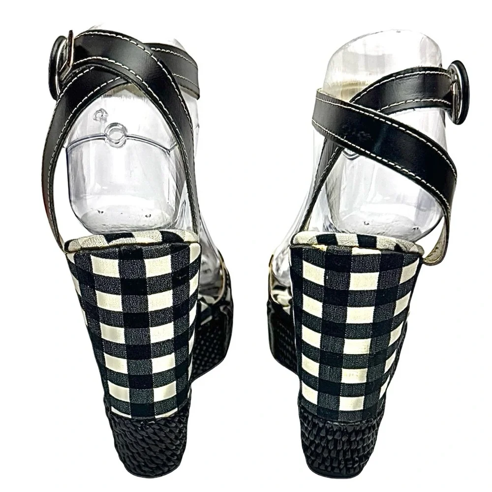 Save The Queen Wedge Sandals Black White Fabric Checks EU 37 US 7 Made In Italy